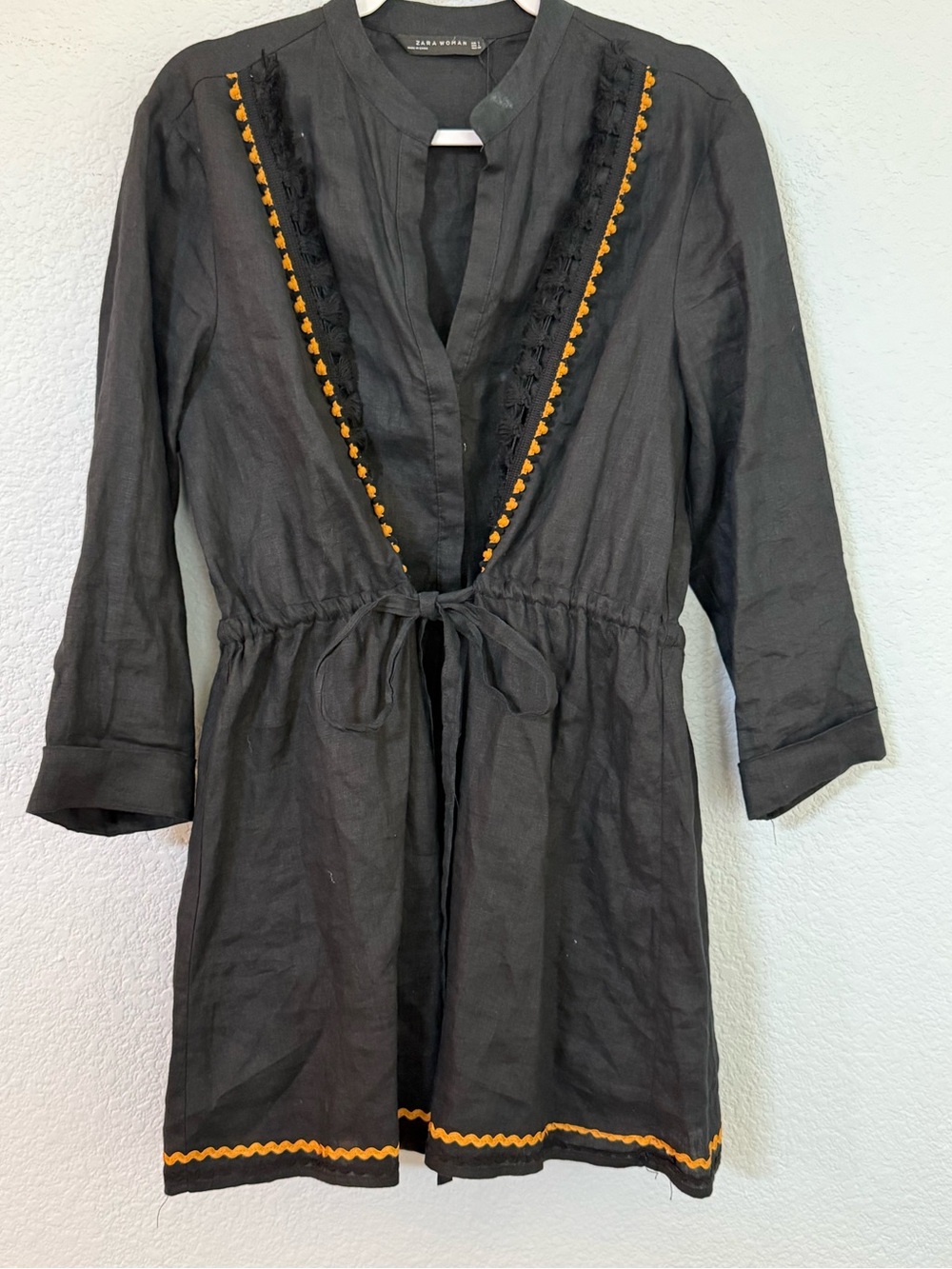 Zara Black 100% Linen Ric Rac Trim Boho Tunic Dress L